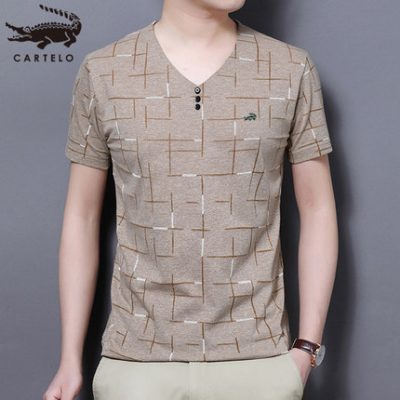 Cardilo Crocodile ngắn tay áo thun nam mùa hè băng giá lụa Xu hướng cổ chữ V cotton Mercended T-shirt màu trung niên nửa tay áo Tide nam