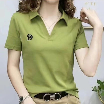Áo thun tay ngắn ve áo của phụ nữ mùa hè áo thun cotton polo mẹ trung niên váy mùa hè kích thước lớn lỏng lẻo bình thường hàng đầu phụ nữ