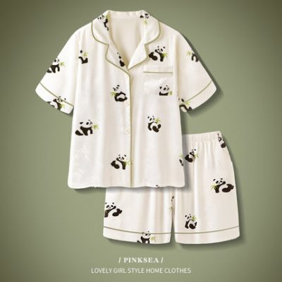 Cặp đôi đồ ngủ của phụ nữ mùa hè cao cấp băng lụa quần short ngắn tay phù hợp với 2022 mới mát mẻ của nam giới mặc nhà