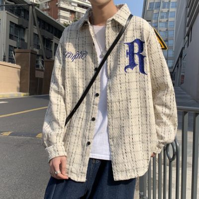 Xiaoxiangfeng áo sơ mi thêu của nam giới mùa hè thủy triều thương hiệu Mỹ áo sơ mi dài tay cổ điển kết hợp tất cả các thiết kế áo khoác kẻ sọc