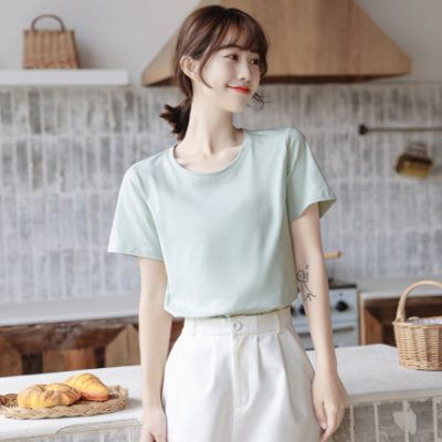 Áo phông ngắn tay màu xanh lá cây của phụ nữ mùa hè rộng rãi 2022 mới cotton mỏng ngắn màu trắng trên cơ thể của phụ nữ