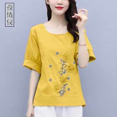 Áo sơ mi vải cotton và vải lanh hàng đầu mùa hè 2022 mới của phụ nữ mới che bụng phong cách phương tây áo thun phụ nữ trung niên áo sơ mi vải lanh của bà mẹ trung niên