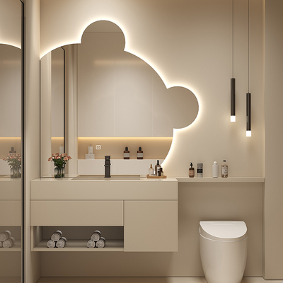 Tủ phòng tắm bằng đá phiến màu ấm tương tự của nhà thiết kế một bồn cầu mở rộng kết hợp chậu rửa đơn giản
