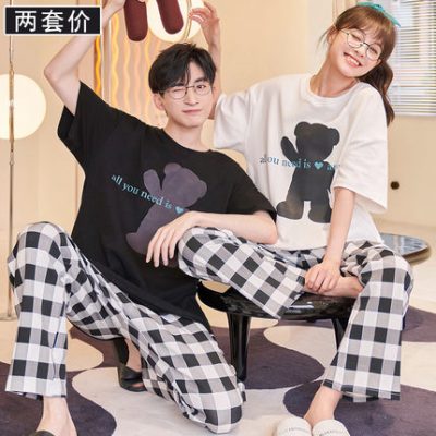 Cặp đôi đồ ngủ mùa hè cotton mỏng phần ngắn tay nam và nữ quần ngắn tay phù hợp với búp bê dễ thương dịch vụ nhà mùa hè