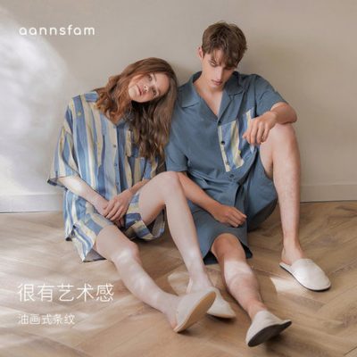 Anzhiban một vài bộ đồ ngủ cotton tinh khiết của phụ nữ mùa hè mới sọc lớn kích thước lớn nam giới mỏng có thể mặc bộ quần áo ở nhà phù hợp với