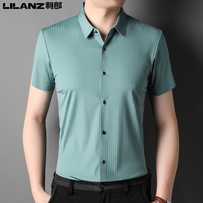 Lilang của người đàn ông ngắn tay áo sơ mi lụa dâu tằm trung niên sọc mỏng của người đàn ông nửa tay kinh doanh giản dị áo sơ mi nam