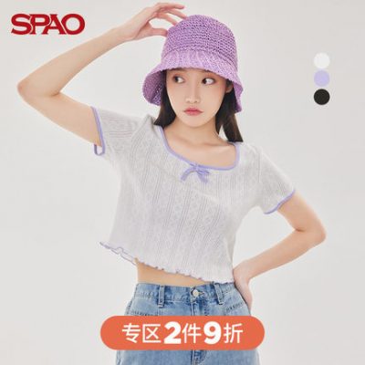 Áo thun nữ SPAO 2022 mùa hè màu mới hit ngắn sọc ngắn tay áo thun ngắn tay SPRAC24S21