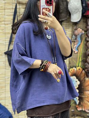 Lizi ban đầu hàng đầu 2022 mùa hè mới vải lanh trắng thêu tay áo pull nữ cỡ lớn áo thun nữ rộng rãi