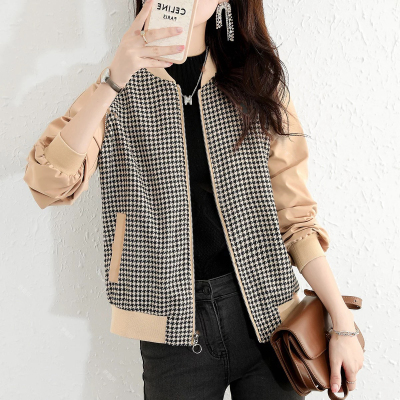 Quầy xuất khẩu ngoại thương ban đầu đơn thương hiệu lớn Hàng Châu Âu khâu nhấn màu công nghiệp nặng houndstooth áo khoác nữ giản dị áo khoác ngắn