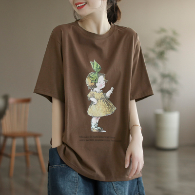 Người hâm mộ văn học Người hâm mộ văn học Phim hoạt hình thông thường In ấn áo thun tay ngắn dành cho nữ Mùa hè mới Kích thước lớn Bông vải mỏng rửa sạch