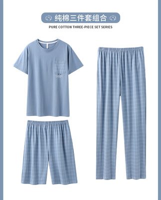Bộ đồ ngủ của nam giới mùa hè cotton ngắn tay quần mỏng mùa hè nam quần đùi cotton mùa hè tại nhà dịch vụ ba mảnh phù hợp