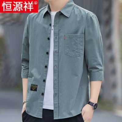 Hengyuanxiang áo sơ mi cotton của nam giới xu hướng giữa tay áo khoác ngoài công cụ hàng đầu áo khoác nam tay ngắn tay năm thứ bảy bông
