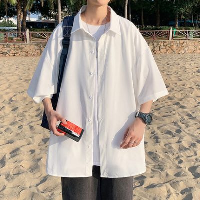 Băng lụa xếp nếp áo sơ mi ngắn tay của nam giới mùa hè trong triều áo sơ mi rộng rãi người đàn ông đẹp trai rất cổ tích Hồng Kông phong cách Nhật Bản áo khoác