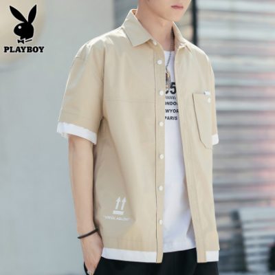 Playboy mùa hè ngắn tay áo sơ mi nam kaki giản dị áo khoác cotton in họa tiết kẻ đẹp trai áo sơ mi dụng cụ nam