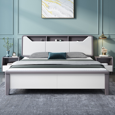 Tất cả giường bằng gỗ đặc giường 1,8m giường đôi hiện đại tối giản phòng ngủ chính 2m x 2m giường lớn màu trắng lưu trữ đồ nội thất hộp cao