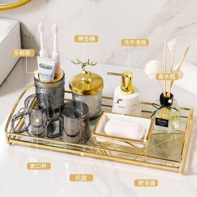 Bộ đồ dùng vệ sinh phòng tắm cao cấp ánh sáng sang trọng bộ 5 món đồ vệ sinh cá nhân phòng tắm bộ nước súc miệng cốc bàn chải đánh răng cốc thủy tinh