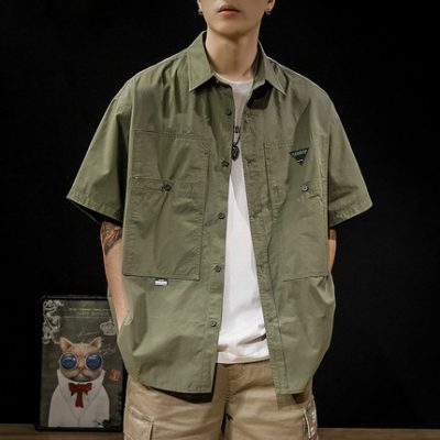 Thương hiệu thời trang Mỹ cotton ngắn tay áo sơ mi nam mùa hè in lỏng kích thước lớn áo thun nửa tay áo sơ mi nam áo khoác mỏng