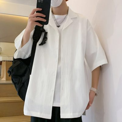 Áo sơ mi trắng nam ngắn tay mùa hè mỏng phần ba tay áo cotton và vải lanh đồng màu áo sơ mi phù hợp toàn bộ áo thun nam thương hiệu thủy triều