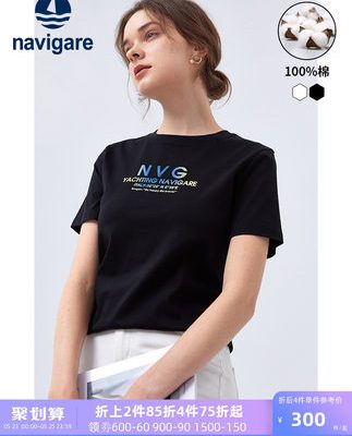 Navigare Ý nhỏ thuyền buồm nữ áo thun ngắn tay 2022 mới mùa hè trắng cổ tròn đầu bông