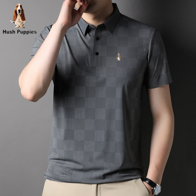 HushPuppies lụa dâu tằm ngắn tay áo phông nam kẻ sọc liền mạch ve áo sơ mi POLO mùa hè trung niên