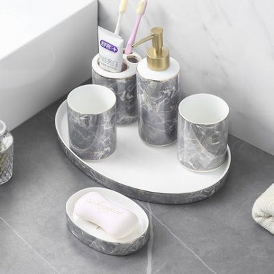 Bộ đồ dùng phòng tắm sang trọng nhẹ rửa cốc bộ cốc nước súc miệng phòng tắm bộ 5 mảnh khay sứ đặt chậu rửa nhà