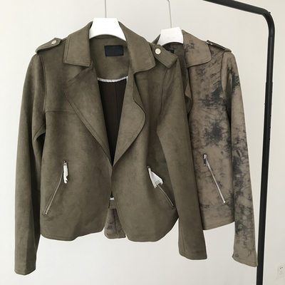 Pháp độc thân ~ phụ nữ mùa xuân mới retro ve áo không nút áo da lộn dài tay áo khoác giản dị áo khoác ngắn