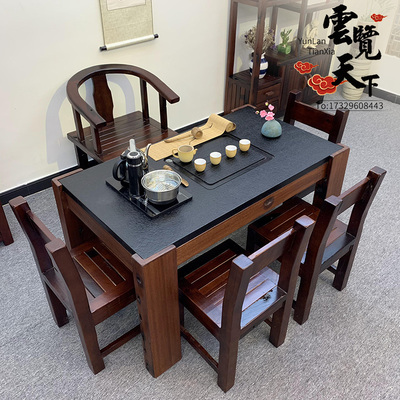 Bàn ghế gỗ tàu cũ kết hợp bàn ghế đá lửa tối giản hiện đại bàn trà kung fu ban công phòng khách gỗ rắn bàn trà nghệ thuật nhỏ