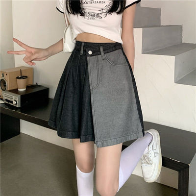 Thiết kế không thường xuyên cảm giác khâu một đường váy của phụ nữ mùa hè phần mỏng eo cao gói mỏng hông váy màu tương phản denim