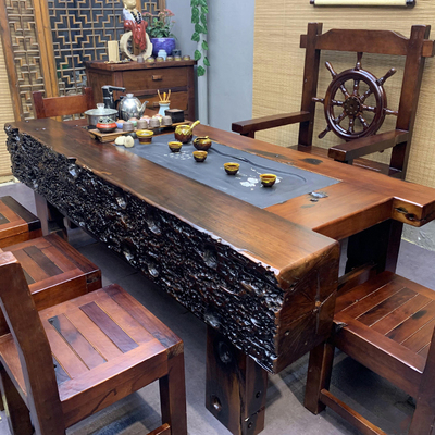 Bàn trà gỗ thuyền cũ kết hợp bàn ghế phòng khách Zen Home bàn trà gỗ nguyên khối văn phòng kung fu bàn trà bộ tất cả trong một
