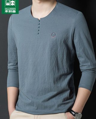 Vải lanh Mulinsen áo thun dài tay nam giới mùa xuân và mùa thu cổ tròn rộng rãi người cha trung niên áo thun đáy quần áo thun