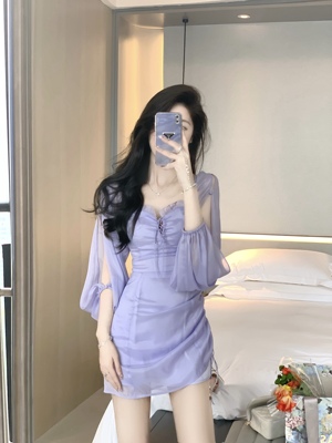 JustQin Eve's Garden of Eden Váy màu tím của phụ nữ Mùa xuân / mùa hè Váy ngắn một vai Váy voan cổ tích