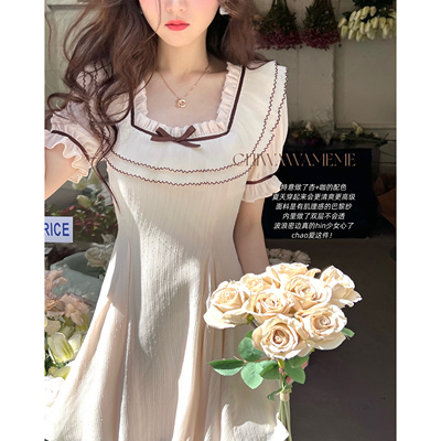 Q của phụ nữ đặc biệt băng Mỹ / Pháp cổ vuông cổ điển váy nhỏ tay phồng váy ngắn phong cách cung điện mùa hè