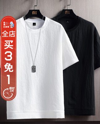 Băng lụa rắn màu vải lanh ngắn tay áo thun nam mùa hè trắng nửa tay áo thun cotton và vải lanh lỏng lẻo đáy áo sơ mi quần áo hàng đầu
