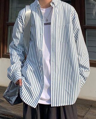 Hồng Kông hương vị sang trọng retro áo sơ mi sọc nam mùa xuân mới Nhật Bản áo sơ mi dài tay rộng rãi áo khoác lưới màu đỏ phù hợp