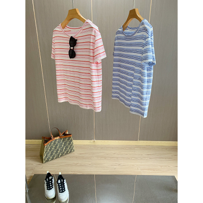 Cô gái năng lượng mùa hè! Vải lanh mát mẻ ~ áo thun ngắn tay sọc cổ tròn lớn dành cho phụ nữ hàng đầu 2022 new