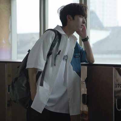 H áo sơ mi nam ngắn tay mùa hè phiên bản Hàn Quốc vải denim rời khâu trang trí túi trang trí thương hiệu thủy triều Nhật Bản áo sơ mi cá tính cho học sinh