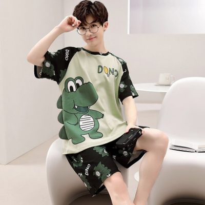Bộ đồ ngủ của nam giới mùa hè cotton mỏng ngắn tay hoạt hình thiếu niên khủng long cotton lớn quần áo trẻ em ở nhà phù hợp với học sinh