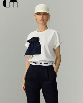 COMME MOI Lu Yan nhà thiết kế thời trang ren mới của phụ nữ trang trí màu tương phản màu sắc đơn giản đi làm áo phông ngắn tay