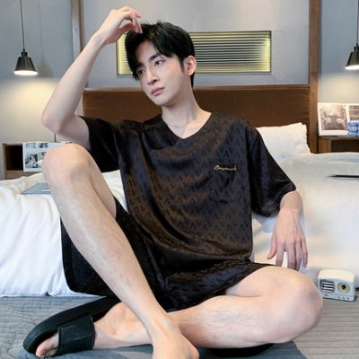 2022 mới của nam giới đồ ngủ mùa hè mỏng băng lụa ngắn tay mùa hè thanh niên áo pull nam phù hợp với quần áo mặc nhà