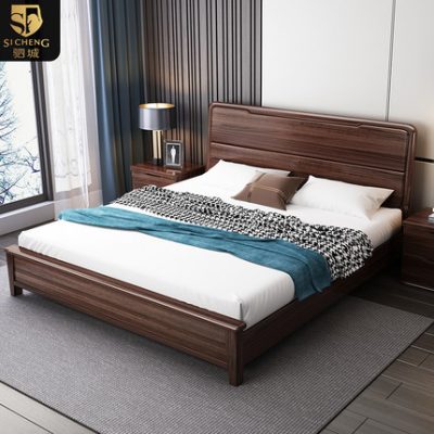 Nội thất phòng ngủ tối giản hiện đại Phong cách Trung Quốc màu vàng đen giường gỗ rắn giường gỗ rắn chắc giường đôi giường cưới giường King Giường 1,8m