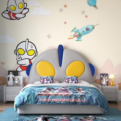 Ultraman trẻ em giường cậu bé gỗ rắn giường đơn da hoạt hình giường trẻ em hiện đại ánh sáng sang trọng nội thất phòng ngủ trẻ em