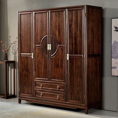 Tủ quần áo Wujinmu mới theo phong cách Trung Quốc toàn bộ bằng gỗ nguyên khối Tủ quần áo lớn bốn cửa đăng nhập kho lưu trữ tủ quần áo nội thất phòng ngủ suite
