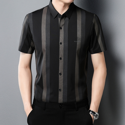 Ga châu âu nam cao cấp sọc dọc sắt không thun nửa tay thun giản dị mùa hè áo sơ mi nam tay ngắn trung niên