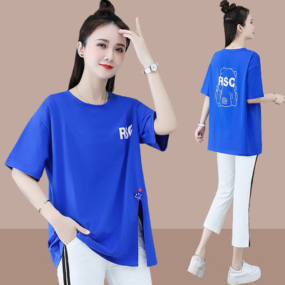 Áo thun nữ dài trung xẻ tà bằng cotton tinh khiết mùa hè 2022 mới phiên bản Hàn Quốc in ấn thời trang hàng đầu tất cả các kết hợp