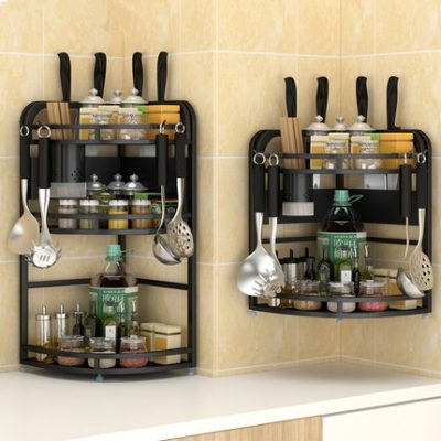 Giá nhà bếp bằng thép không gỉ chân máy màu đen đồ dùng nhà bếp treo tường gia vị gia vị kệ góc lưu trữ