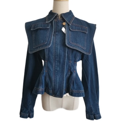 Cá tính niche thời trang khăn choàng lớn cổ áo túi hình chữ S eo mỏng áo khoác denim của phụ nữ áo khoác ngắn