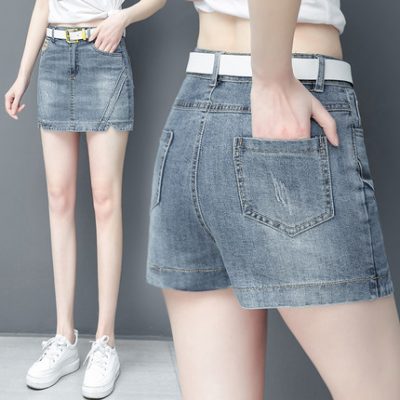 Quần culottes denim của phụ nữ 2022 mùa hè mỏng phần eo cao eo siêu nhỏ túi thun hông váy ngắn mềm mại khâu đường chữ A quần short