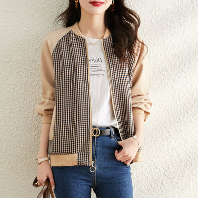 2021 mùa thu và mùa đông mới màu thời trang tương phản khâu tương phản màu công nghiệp nặng houndstooth giản dị áo khoác cardigan của phụ nữ áo khoác ngắn