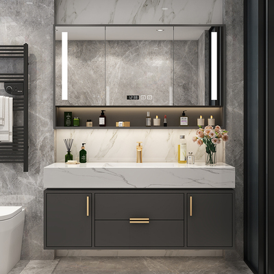 Tủ phòng tắm bằng đá phiến gỗ sồi sang trọng nhẹ kết hợp chậu rửa tất cả trong một chậu rửa nhà vệ sinh tùy chỉnh đơn giản