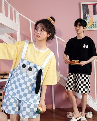 2022 mới vài bộ đồ ngủ hợp thời trang dễ thương có dây mùa hè của phụ nữ ngắn tay cotton bộ đồ mặc nhà cho nam giới